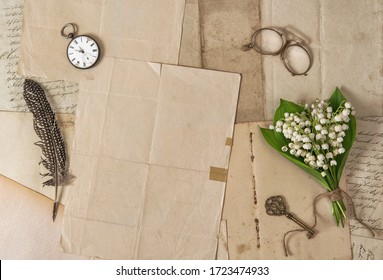 Old Paper, Feather Pen, Vintage Accessories And Spring Flowers. Nostalgic Background