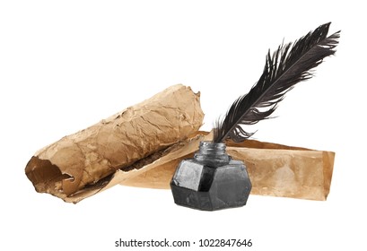 old paper, inkwell and pen isolated on white background