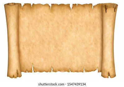 Old paper manuscript or papyrus scroll horizontal oriented isolated on white background.