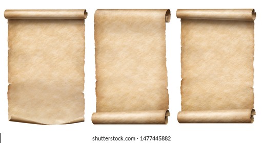 Old paper or parchment scrolls collection isolated on white