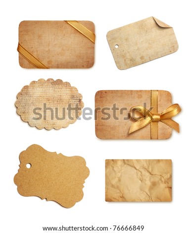 old paper sales tags and labels on white background