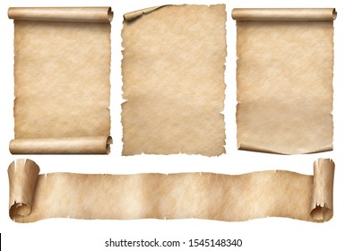Old paper scrolls with ribbon banner set isolated on white