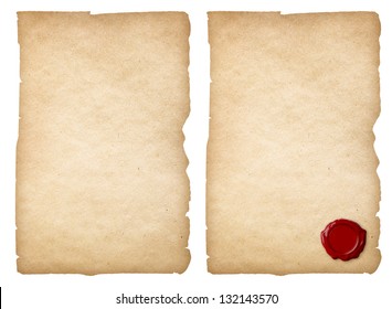 Old Paper Set With Wax Seal Isolated. Clipping Path Is Included.