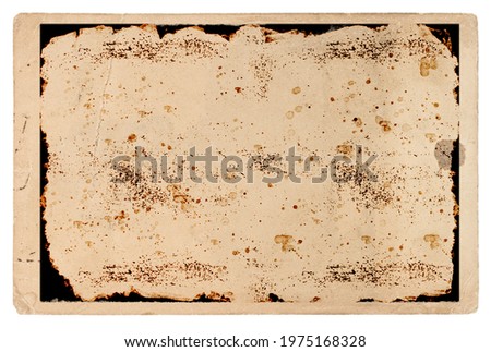 Old paper sheet. Photo frame. Used cardboard with stains isolated on white background