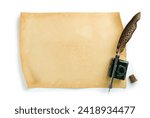 Old paper sheet with quill pen and ink bottle isolated on white background