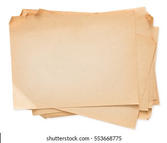 Old Paper Stack Isolated On White Background. Aged Brown Sheets Pile With Copy Space