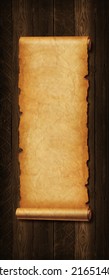 Old paper vertical banner. Parchment scroll isolated on a wood board background