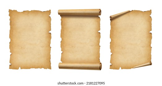 Old Parchment paper scroll isolated on white. Vertical banners set
