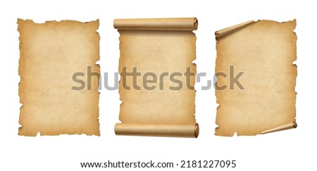 Old Parchment paper scroll isolated on white. Vertical banners set