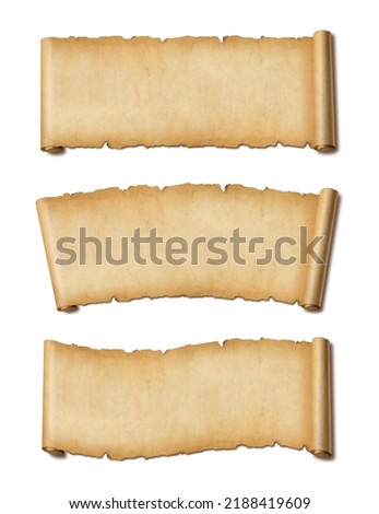 Old Parchment paper scroll isolated on white with shadow. Horizontal banners set