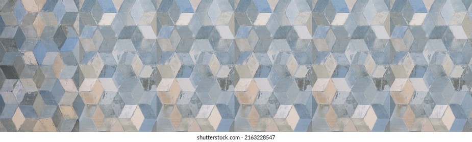 Old Pastel Blue Beige Vintage Geometric Shabby Mosaic Motif Porcelain Stoneware Tiles Stone Concrete Cement Wall Wallpaper Texture Background Banner Panorama, With Square Cubes 3D Print