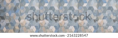 Old pastel blue beige vintage geometric shabby mosaic motif porcelain stoneware tiles stone concrete cement wall wallpaper texture background banner panorama, with square cubes 3D print