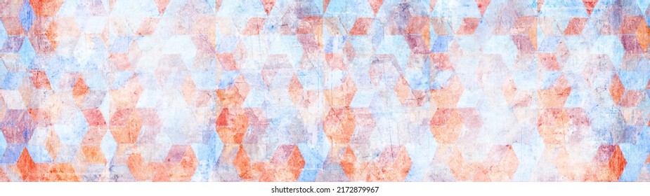 Old Pastel Blue Orange Vintage Geometric Shabby Mosaic Motif Porcelain Stoneware Tiles Stone Concrete Cement Wall Wallpaper Texture Background Banner Panorama, With Square Cubes 3D Print