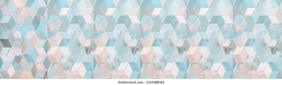 Old pastel blue pink vintage geometric shabby mosaic motif porcelain stoneware tiles stone concrete cement wall wallpaper texture background banner panorama, with square cubes 3D print