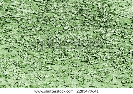 Old peeling paint texture. Grunge cracked wall background. Green color weathered surface. Broken wood structure. Vintage pattern design.