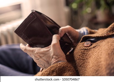 Old Pensioner Woman Holding Empty Wallet.