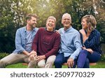 Old people, family and outdoor portrait with hug, vacation and support in relationship connection. Laugh, parents and together for security embrace in countryside, love and retirement travel to Italy