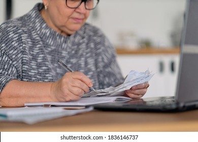 Old People, Tax Return And Home Banking. Worried Senior Lady Paying Federal Taxes, Doing Family Budget. Elderly Hispanic Person And Stress. Concept Of Money, Finance, Financial Problems