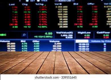 Old Perspective Wooden Floor On Blur Stock Market Number Background