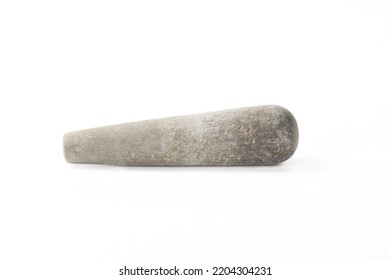 Old Pestle Is Often Used With A Mortar. Isolated On A White Background A Kitchen Tool Used For Pounding Or Grinding Ingredients. Asian Kitchenware,stone Pestle.