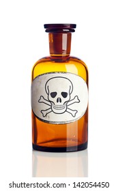 Old Pharmacy Bottle With Skull And Bones Poison Warning Label Isolated