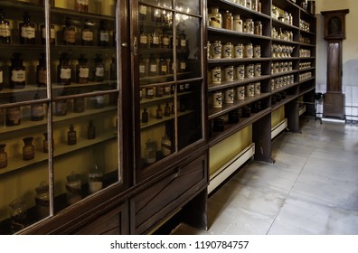 Old pharmacy in Bruges, detail of medieval medicine