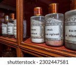 Old pharmacy. Drug banks. Arnica, staphysagria and other medicines for the treatment of diseases in the Middle Ages. Homeopathy. Beaune, Burgundy, France