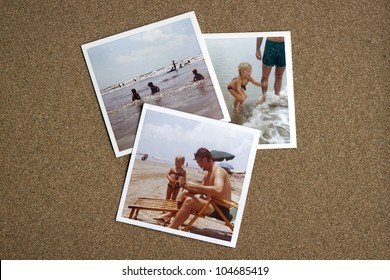 Old Photo Album Photographs From The Early 1970's Of Family At A Beach On A Bulletin Board.