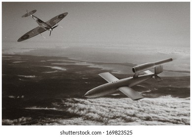 Old Photo Style - Spitfire Aircraft Trying To Intercept V1 Flying Bomb Of World War 2 Used By The Germans To Attack London, England.  (Artist Recreation Of Vintage Style Photo)