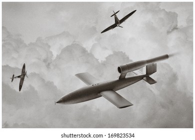 Old Photo Style - Spitfire Aircraft Trying To Intercept V1 Flying Bomb Of World War 2 Used By The Germans To Attack London, England.  (Artist Recreation Of Vintage Style Photo)