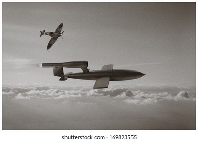 Old Photo Style - Spitfire Aircraft Trying To Intercept V1 Flying Bomb Of World War 2 Used By The Germans To Attack London, England.  (Artist Recreation Of Vintage Style Photo)