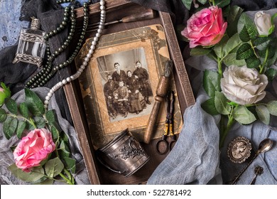 Old photo, vintage jewelry and antiques - Shutterstock ID 522781492
