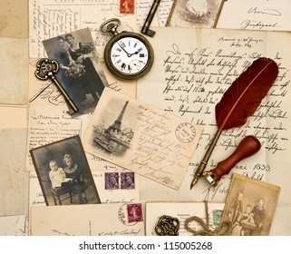 Old Photos, Letters And Post Cards. Nostalgic Vintage Paper Background