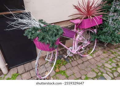 Old pink bicycle repurposed as garden decor, featuring baskets filled with greenery, white branches, and plants. - Powered by Shutterstock