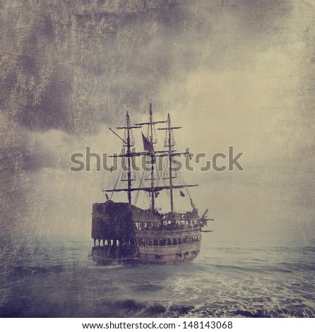 Old pirate ship in the sea. Fine art image with golden and canvas texture added.