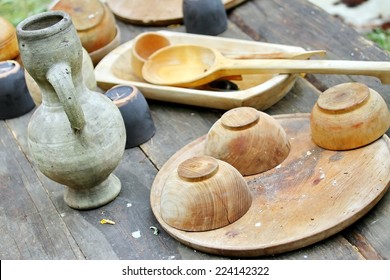 Old Pitcher And Glasses And Other Ancient Medieval Banquet Table Ware