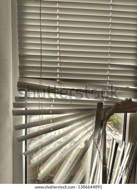 Old Plastic Window Torn Blinds Broken Stock Photo Edit Now 1386644891