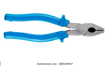 Old pliers with rubber grips in blue on a white background. Top view. Repair or building concept. File contains clipping path. work tool