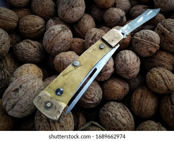 Old Pocket Knife On Moody Background. Vintage Mood.