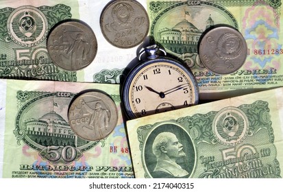 Old Pocket Watch On Soviet Ruble 