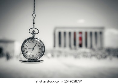 Old Pocket Watch Showing Time 9:05 AM, Hour Of The Death Of The Leader And Founder Of Turkish Republic In Front Of Blurry Anitkabir Mausoleum And People In November 10. 