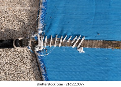 
Old Pool Tarp, Sewn For Maintenance, Care Of Pool Water In Winter