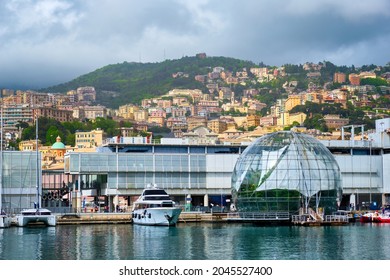 Old Port Porto Antico Of Genoa (Genova) With Yachts And Boats With Aquarium Biosphere Building Under Stormy Sky. Genoa, Italy