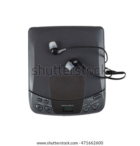 Old portable CD audio player with headphones isolated on white background in square
