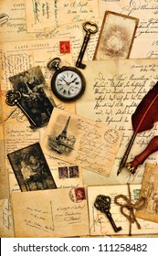 Old Post Cards, Letters And Photos. Nostalgic Vintage Background