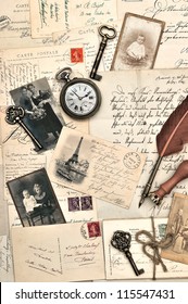 Old Post Cards, Letters And Photos. Nostalgic Vintage Background