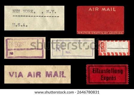 Old postage envelope on a black background, message, air mail
