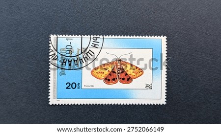 Old Postage Stamp Isolated on Dark Background. Retro Postmark with Nature Objects. 