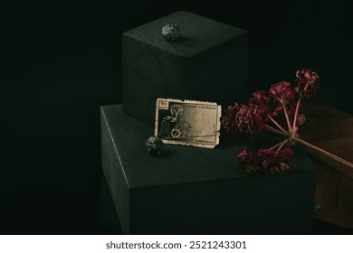 Old postage stamp  from the year 1969 with props highlighting the nostalgic ambience 