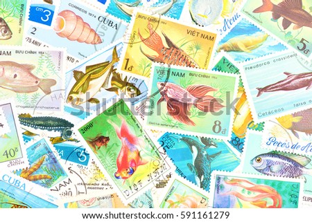 Old postage stamps from various countries. Postage stamp mix. Background